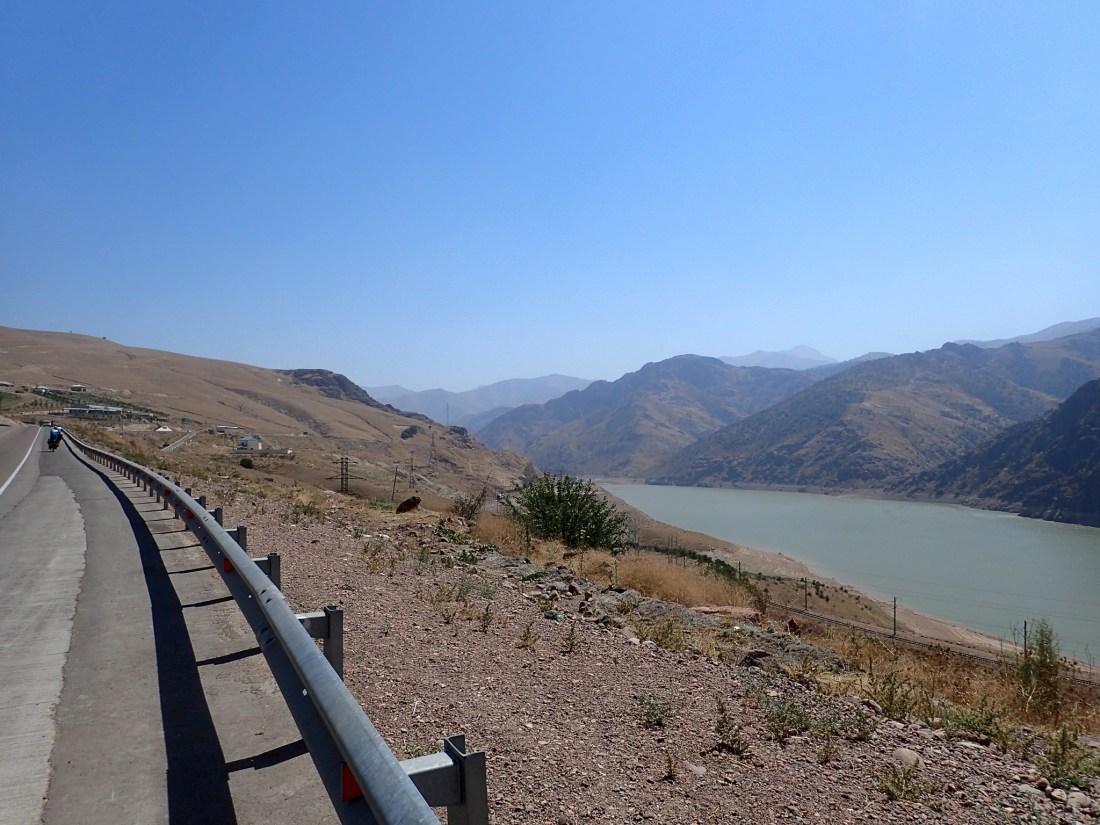 Riding past the Akhangaran Reservoir
